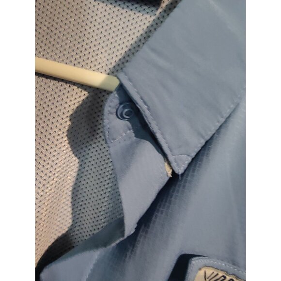 Viodia Blue Long Sleeve Fishing Shirt Roll Tab Snap Button Zip Pockets L - Picture 12 of 12